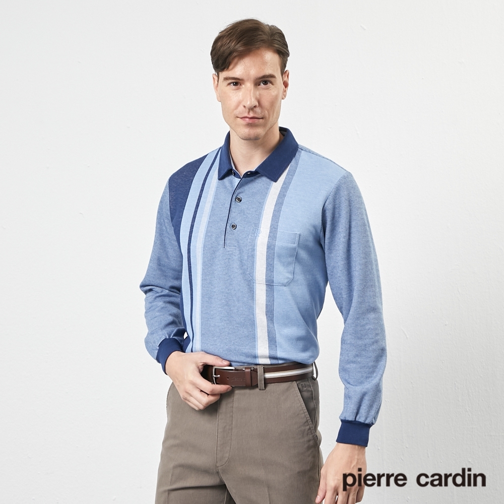 Pierre Cardin皮爾卡登 男款 定位直條刷毛長袖POLO衫-藍(5205274-35)