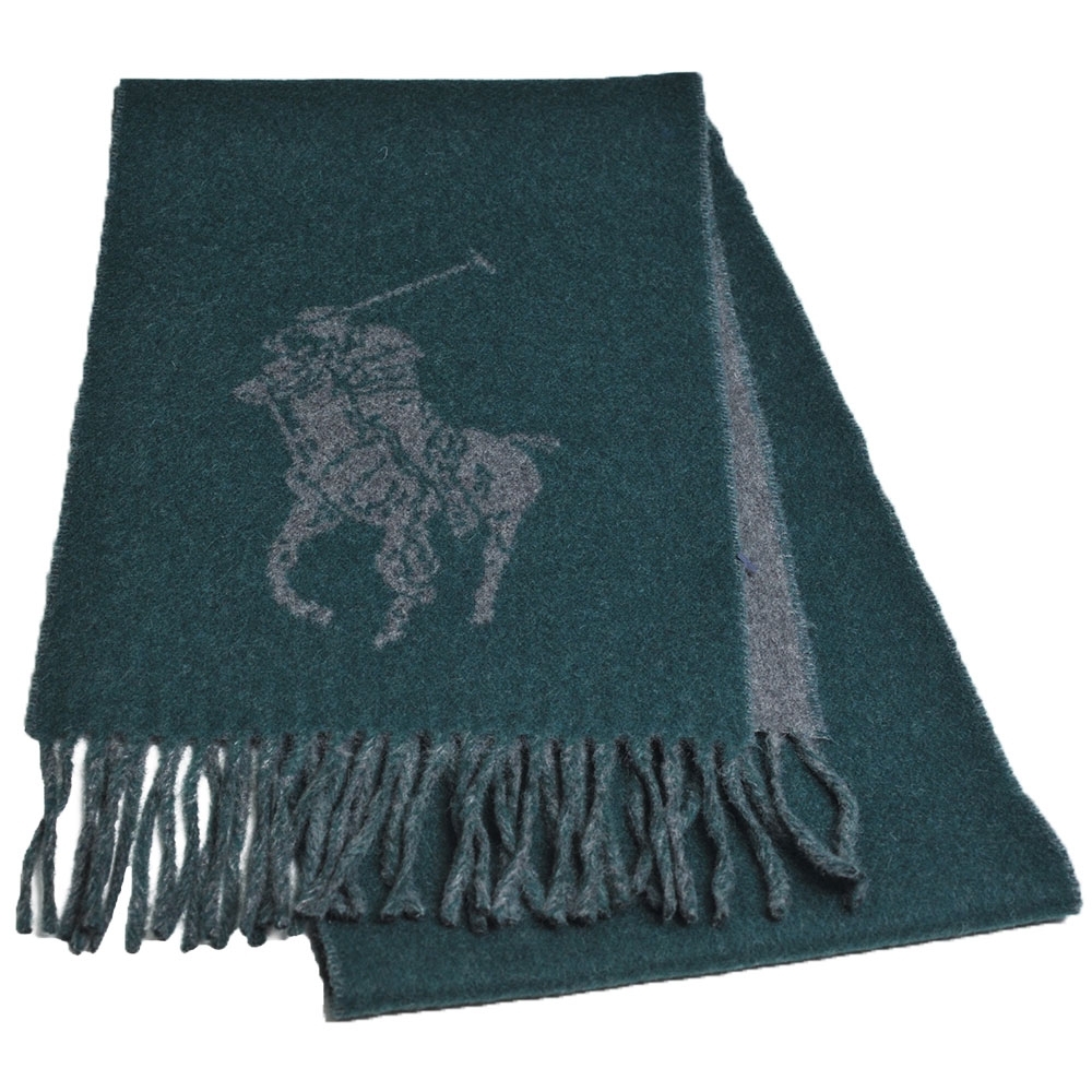 RALPH LAUREN POLO 義大利製馬球LOGO雙面配色羊毛圍巾(綠色/灰色)