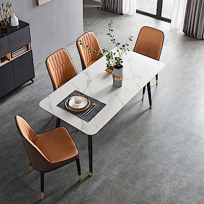 hoi! 林氏木業時尚簡約岩板1.4M餐桌 JI1R+褐色餐椅LS073-白色(一桌四椅) (H014323685)