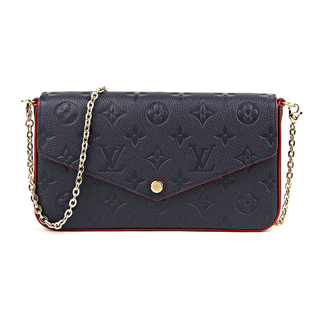 【Louis Vuitton 路易威登】M64099 經典Pochette Felicie牛皮壓紋WOC款信封式手拿包斜背鍊包(海軍藍)