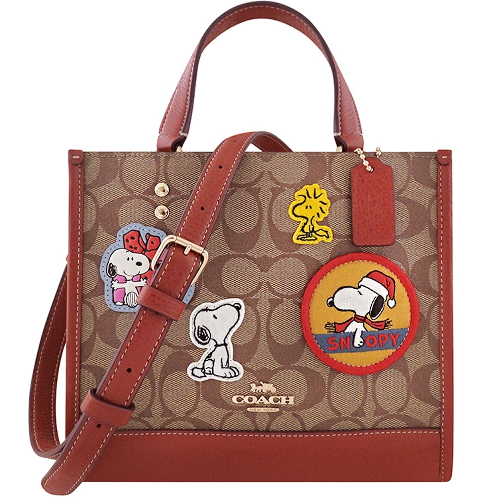 COACH Snoopy聯名款紅棕色大C PVC史奴比圖樣立體徽章手提/斜背兩用包