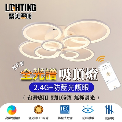 【聚美照明】LED吸頂燈 108w5-7坪 105cm8頭多圈吸頂燈 全光譜護眼客廳吊燈 防藍光護眼三色無極調光臥室創意吸頂燈（保固兩年 售後無憂）