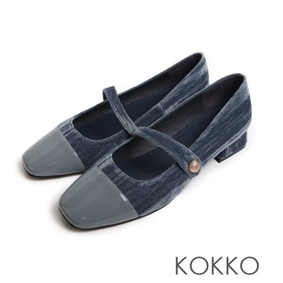 KOKKO懷舊甜美方頭絨布拼接瑪莉珍鞋深藍色