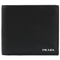 PRADA 金屬LOGO荔枝牛皮對開八卡短夾(黑)