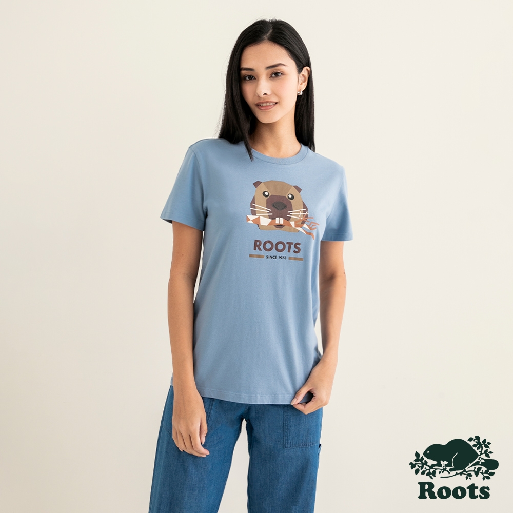 Roots 女裝- OUTDOORS ANIMAL短袖T恤-藍色