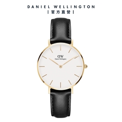 Daniel Wellington DW 手錶 Petite Sheffield 32mm爵士黑真皮皮革錶-白錶盤-香檳金框 DW00100549