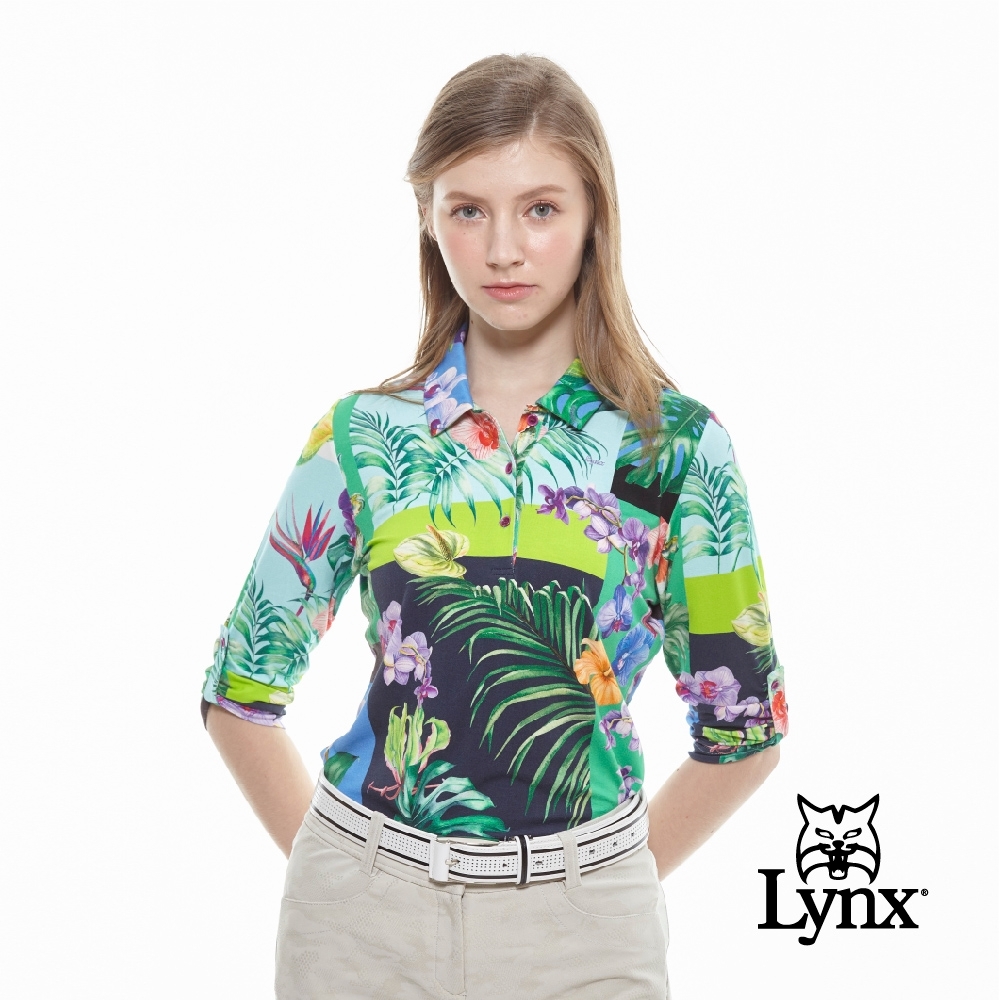 【Lynx Golf】女款進口布料綠藍花布袖絆帶設計七分袖POLO衫-綠色