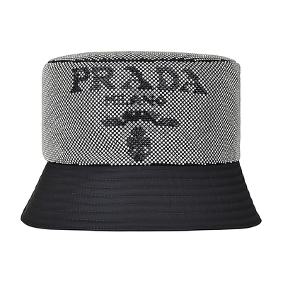 PRADA 普拉達 黑字LOGO再生尼龍搭配水鑽飾釘漁夫帽(黑x銀)