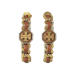 TORY BURCH MARION金字雙T LOGO皮革編織設計金屬針式耳環(金x棕)