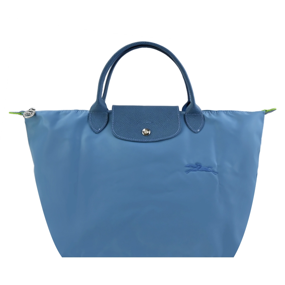 LONGCHAMP LE PLIAGE GREEN系列刺繡短把再生尼龍摺疊水餃包(中/雷雨藍)