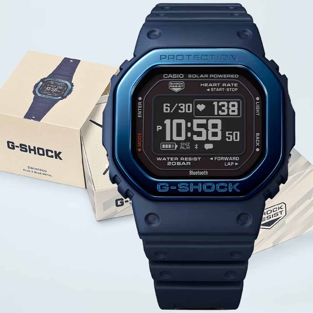 CASIO 卡西歐G-SHOCK 太陽能藍芽心率監測金屬框多功能運動錶-藍(DW