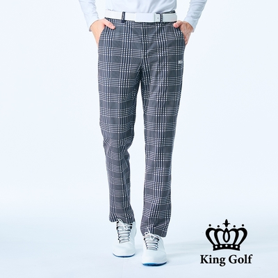 【KING GOLF】男款側腰鬆緊千鳥紋格紋印花高爾夫球長褲-深藍色