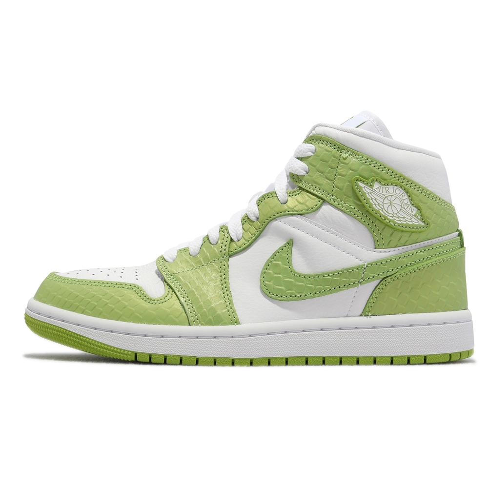 Nike 休閒鞋Wmns Air Jordan 1 Mid SE 白青檸綠女鞋男鞋高筒蛇紋荔枝皮