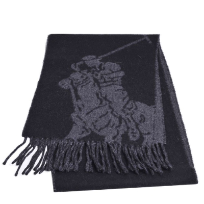 RALPH LAUREN POLO 義大利製大馬圖騰LOGO雙面配色素面羊毛圍巾(黑/灰)