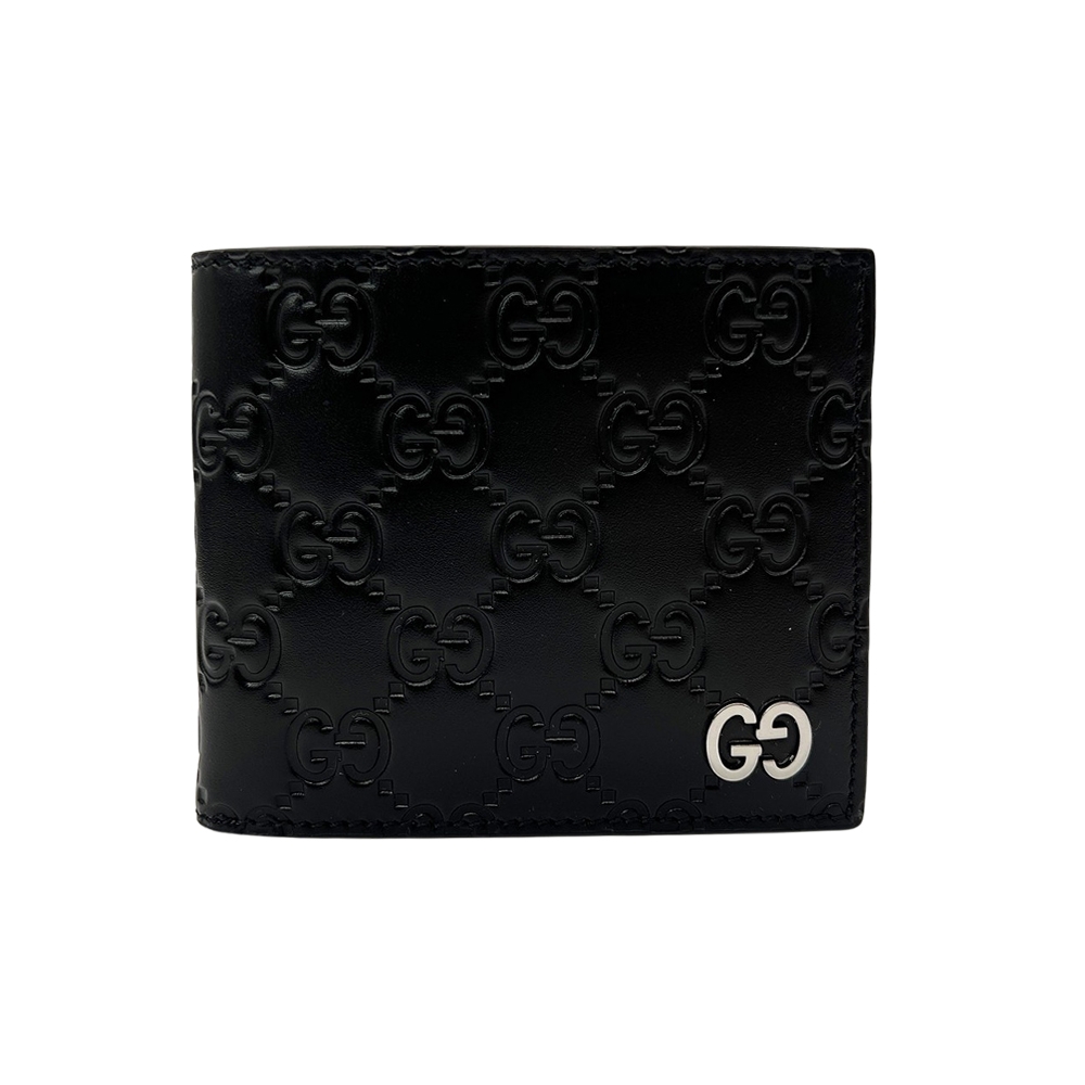 GUCCI Signature GG壓紋銀logo牛皮對折短夾(473916-黑)