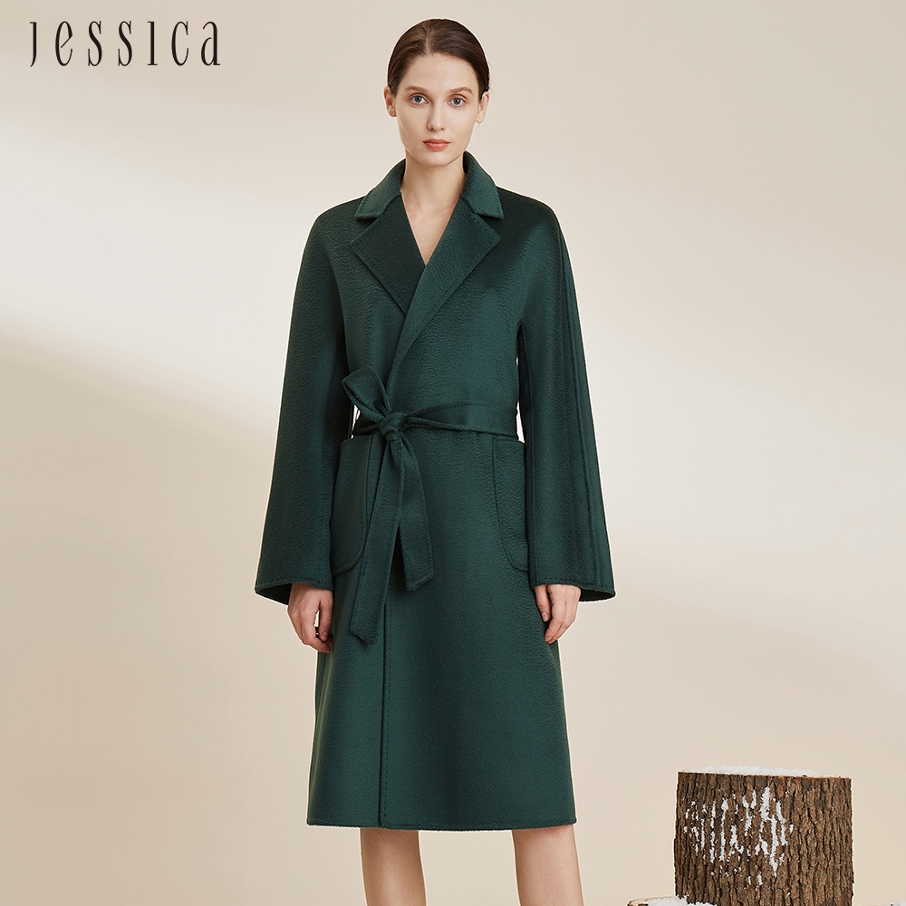 JESSICA - 氣質百搭雙面呢水波紋羊絨羊毛大衣外套224ZC8（墨綠）