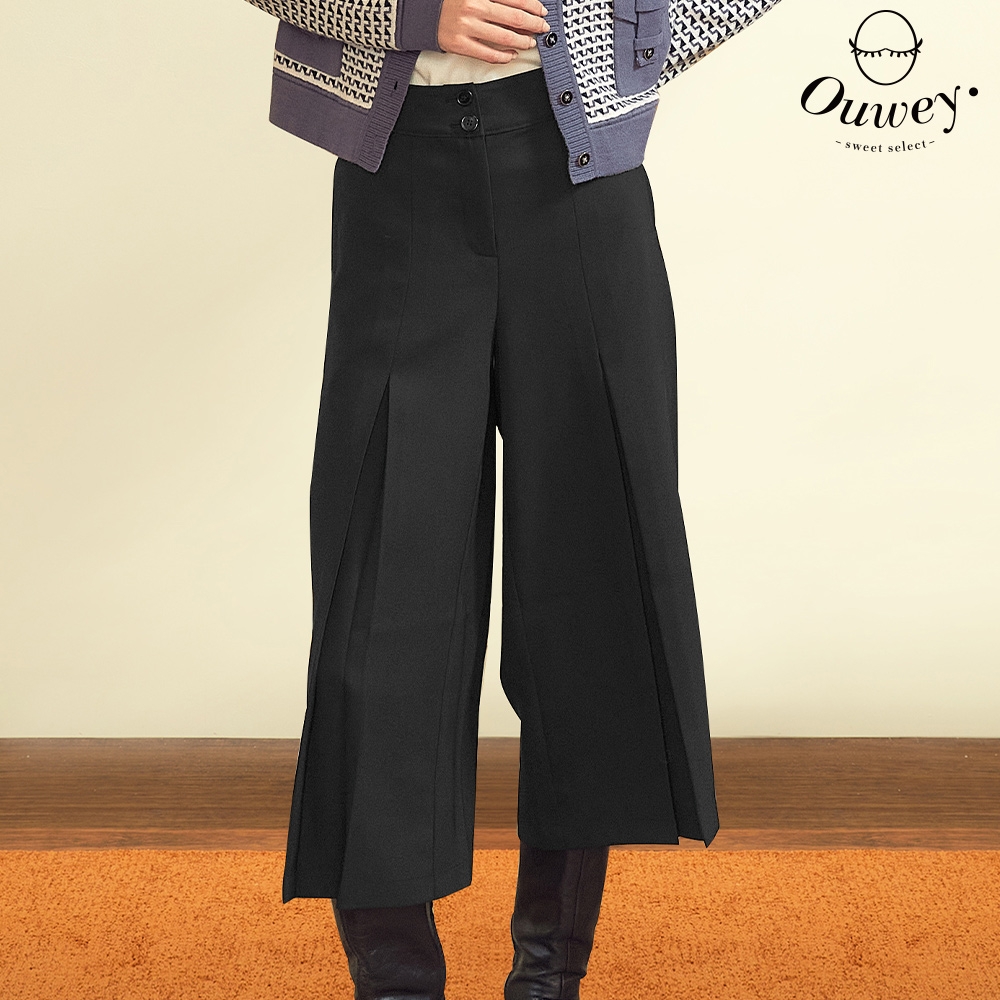 OUWEY歐薇 造型前合摺斜紋厚雪紡直筒八分褲(黑色；S-L)3223436712