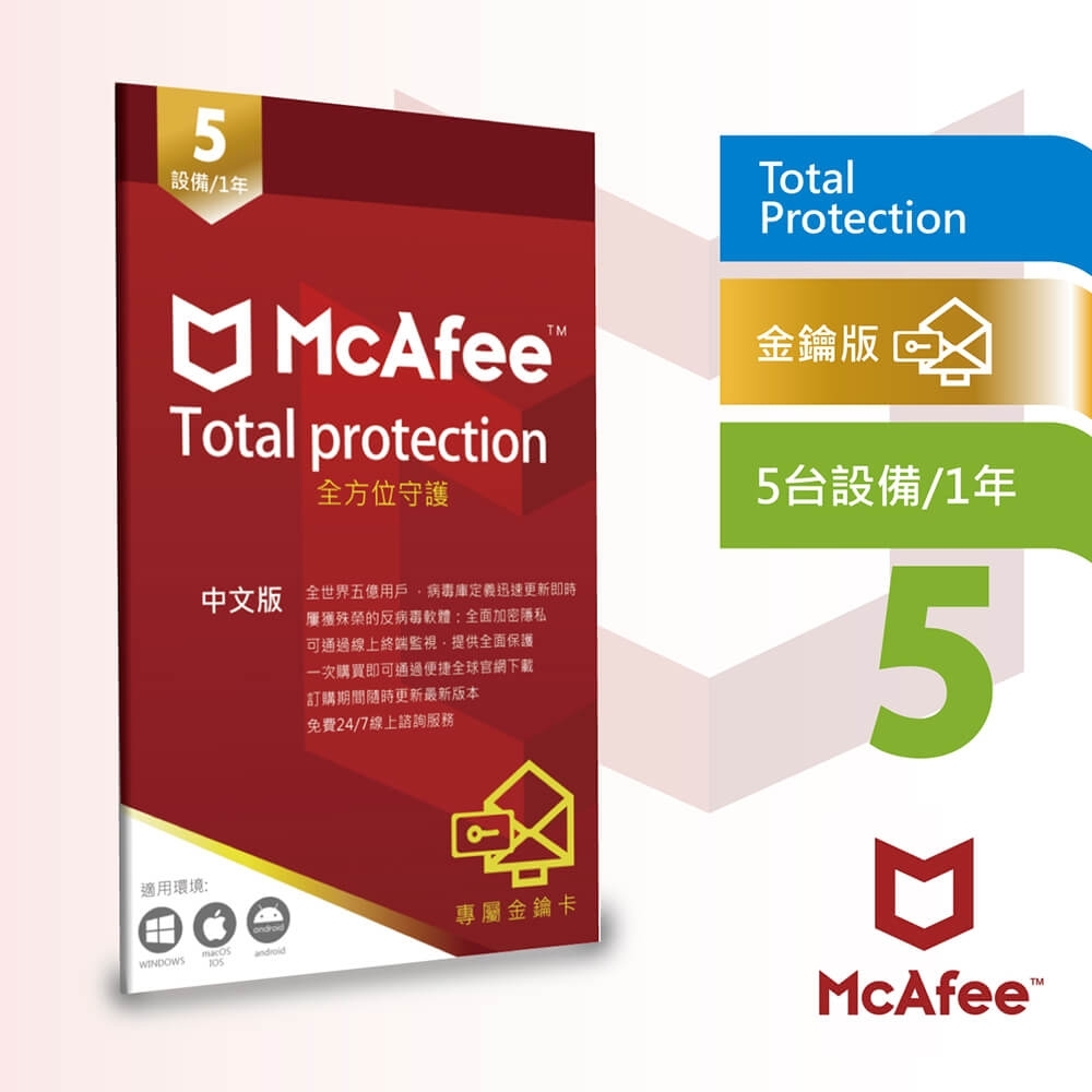 McAfee Total Protection 2021全面防毒保護5台1年中文卡片版