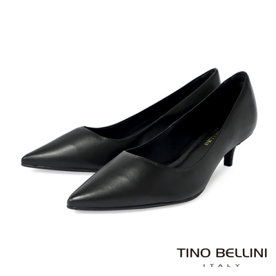 Tino Bellini 巴西進口牛皮素面尖頭中低跟鞋-黑