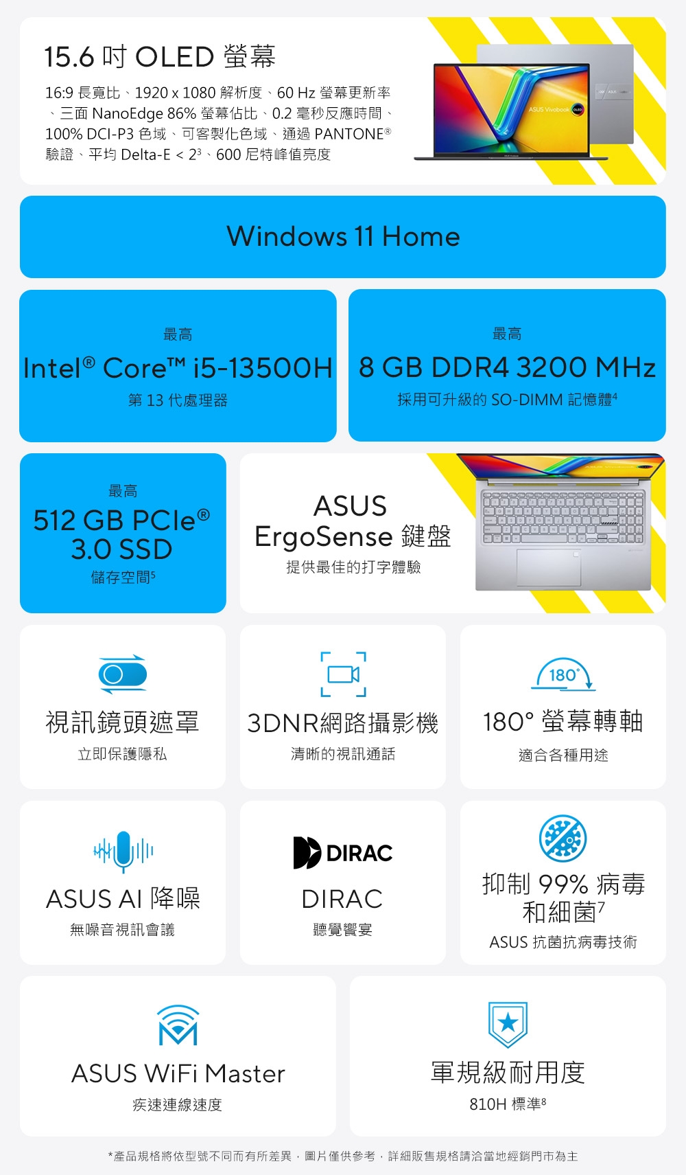 1.6OLED 螢幕16:9 長寬比1920x1080 解析度、60Hz螢幕更新率、三面 NanoEdge 86% 螢幕佔比、0.2 毫秒反應時間、100% DCI-P3 色域、可客製化色域、通過PANTONE 驗證、平均 Delta-E< 23、600尼特峰值亮度Windows 11 HomeASUS Vivobook最高最高Intel® Core™ i5-13500H 8GB DDR4 3200 MHz第13代處理器採用可升級的 SO-DIMM 記憶體最高512 GB PCle®3.0 SSD儲存空間 5ASUSErgoSense 鍵盤提供最佳的打字體驗180視訊鏡頭遮罩立即保護隱私3DNR網路攝影機清晰的視訊通話180°螢幕轉軸適合各種用途DIRACASUS AI 降噪抑制 99% 病毒DIRAC和細菌無噪音視訊會議聽覺宴ASUS 抗菌抗病毒技術ASUS WiFi Master疾速連線速度軍規級耐用度810H 標準8*產品規格將依型號不同而有所差異圖片僅供參考,詳細販售規格請洽當地經銷門市為主