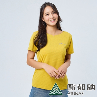 【ATUNAS 歐都納】女款ATUNAS-TEX吸濕排汗短袖條紋T恤A2TS2312W黃/防曬透氣/快乾舒適/休閒旅遊/登山健行/大尺碼