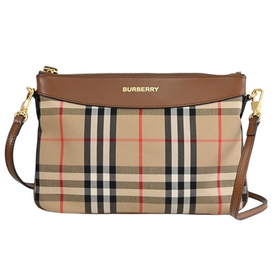 BURBERRY Peyton 燙金LOGO經典英式格紋拼接牛皮斜背扁包(咖)