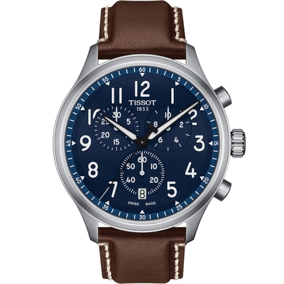 TISSOT 天梭 官方授權 韻馳系列 Chrono XL計時手錶 送禮推薦-藍x咖啡/45mm T1166171604200