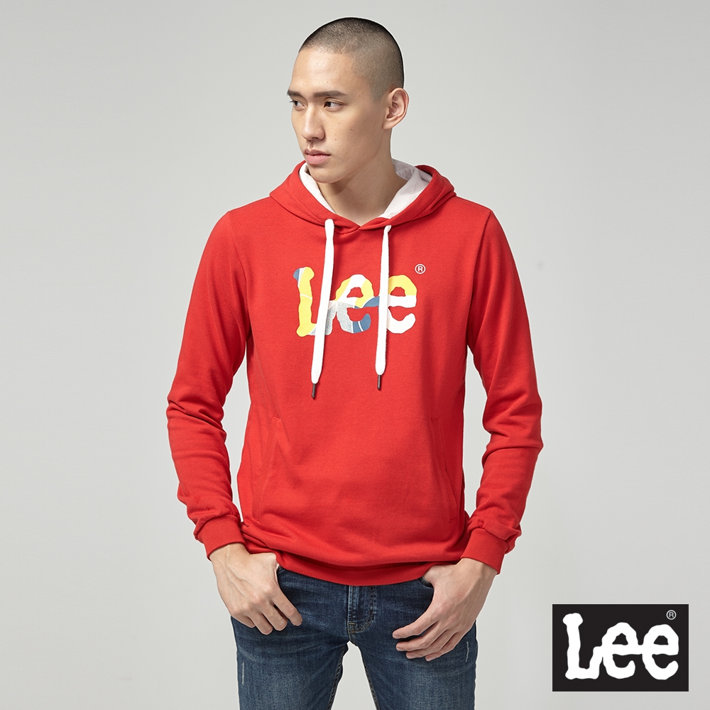 Lee 男款 色塊Logo印刷連帽大學T/厚T 紅