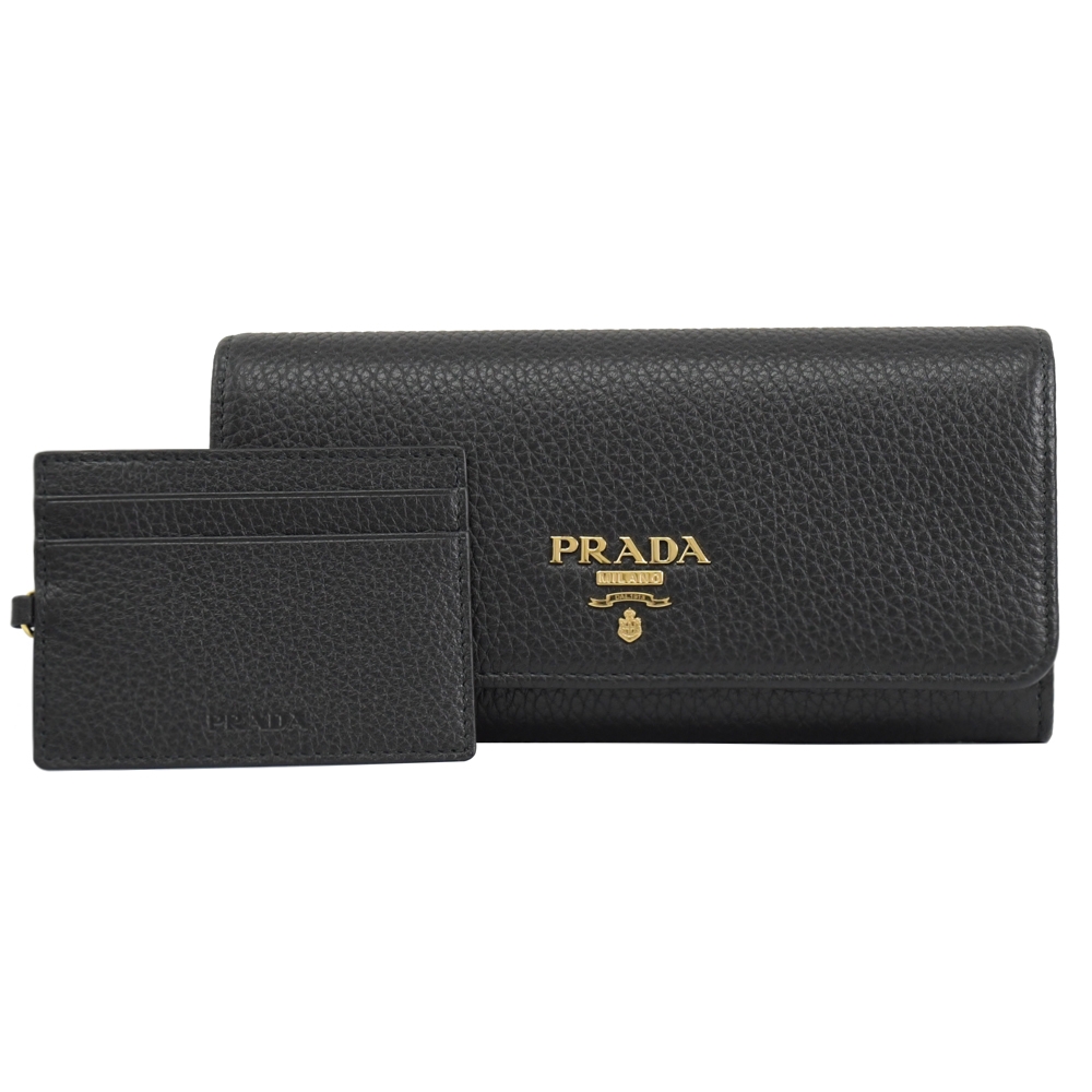 PRADA 金屬LOGO荔枝牛皮釦式長夾(黑)