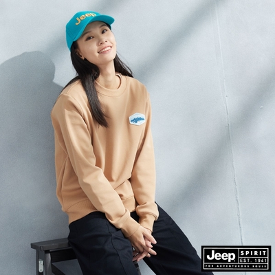 JEEP 女裝 山岳圖騰貼布繡刷毛大學T-卡其色