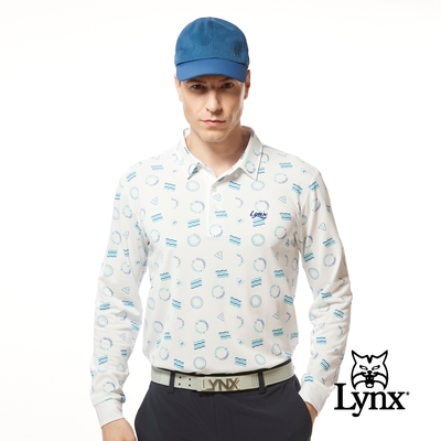 【Lynx Golf】男款吸濕排汗機能滿版波浪線圓形LOGO印花長袖POLO衫-白色