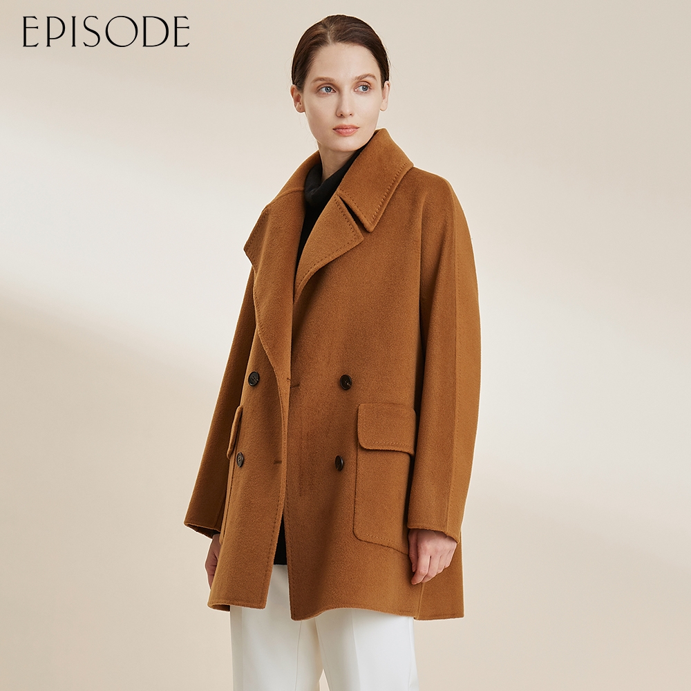 EPISODE - 舒適寬鬆翻領雙排釦羊絨蠶絲混紡中長大衣外套124ZC6（駝）
