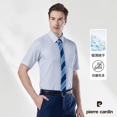 pierre cardin 皮爾卡登 男襯衫 吸濕排汗防縐免燙舒適清爽條紋短袖襯衫_淺灰底黑條(92257-92)