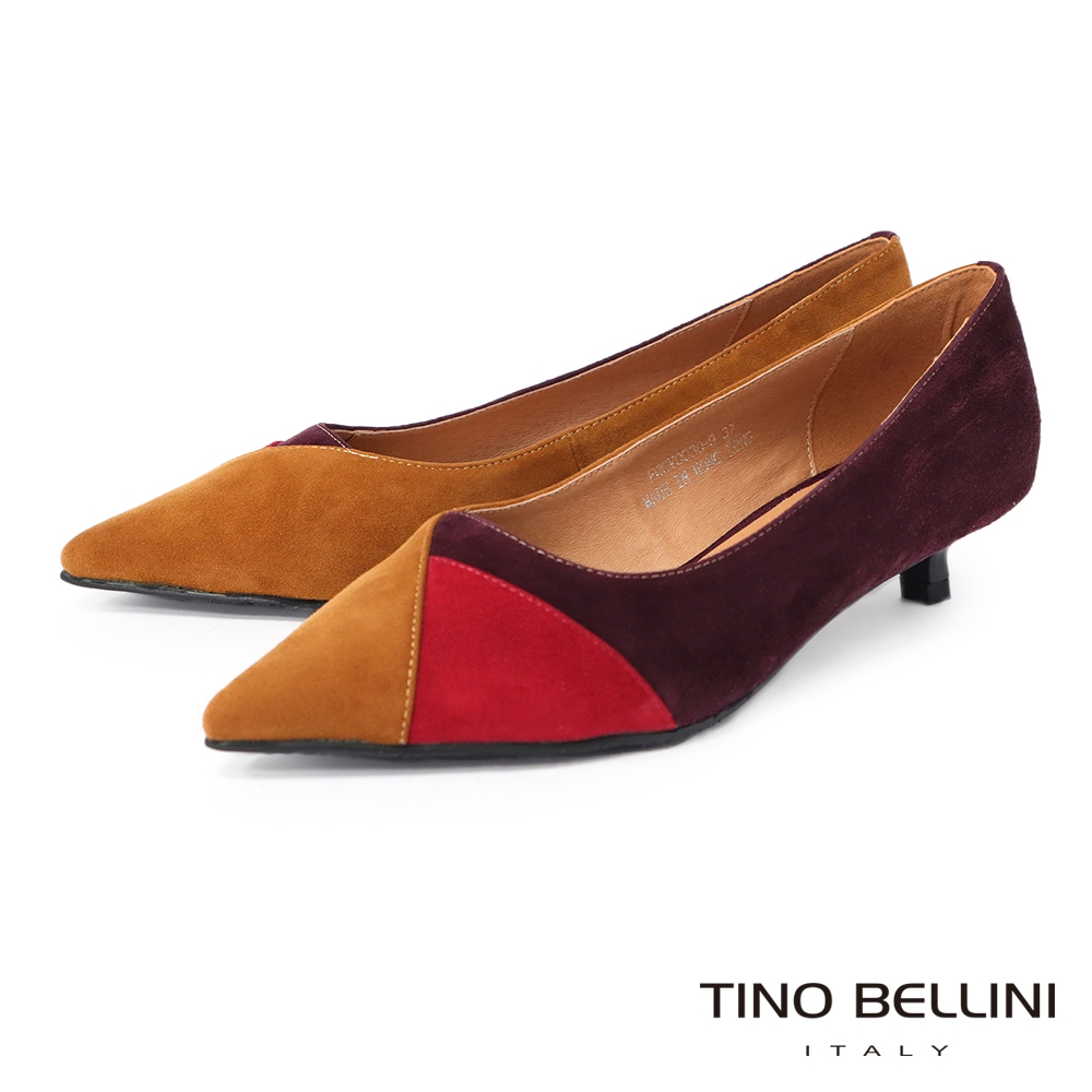 Tino Bellini 細緻羊皮色塊拼接尖頭低跟鞋-駝