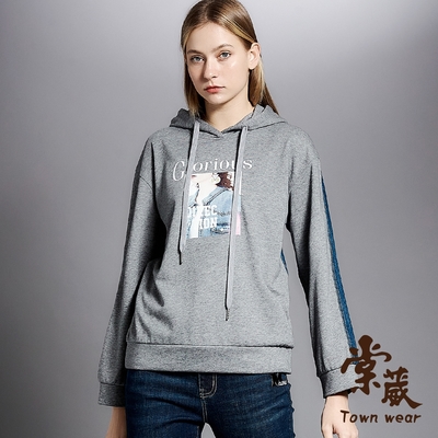 【TOWNWEAR棠葳】美式印圖拼接牛仔純棉帽T(女上衣/女上著/長袖/印字/抽繩)