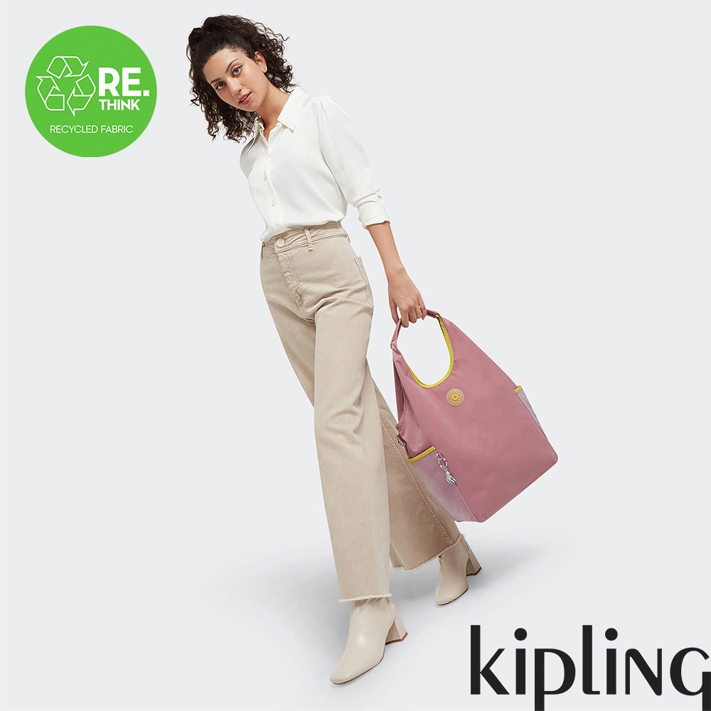 Kipling 薰衣草粉撞色螢光黃肩背側背包-URBANA