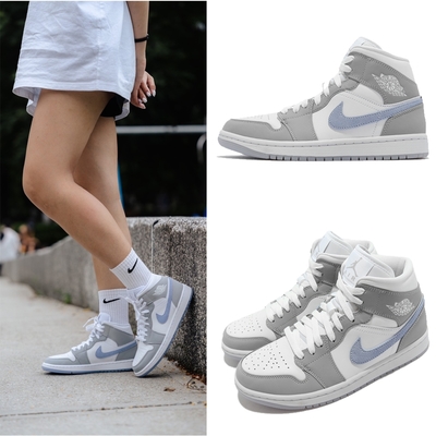 Nike 休閒鞋 W Air Jordan 1代 男女鞋 中筒 Mid AJ1喬丹 小DIOR 情侶鞋 冰底 灰白藍 BQ6472-105