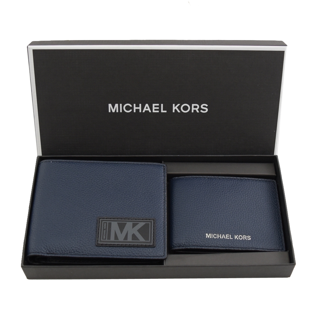 MICHAEL KORS GIFTING 荔枝牛皮八卡對開短夾禮盒組(深藍/黑)