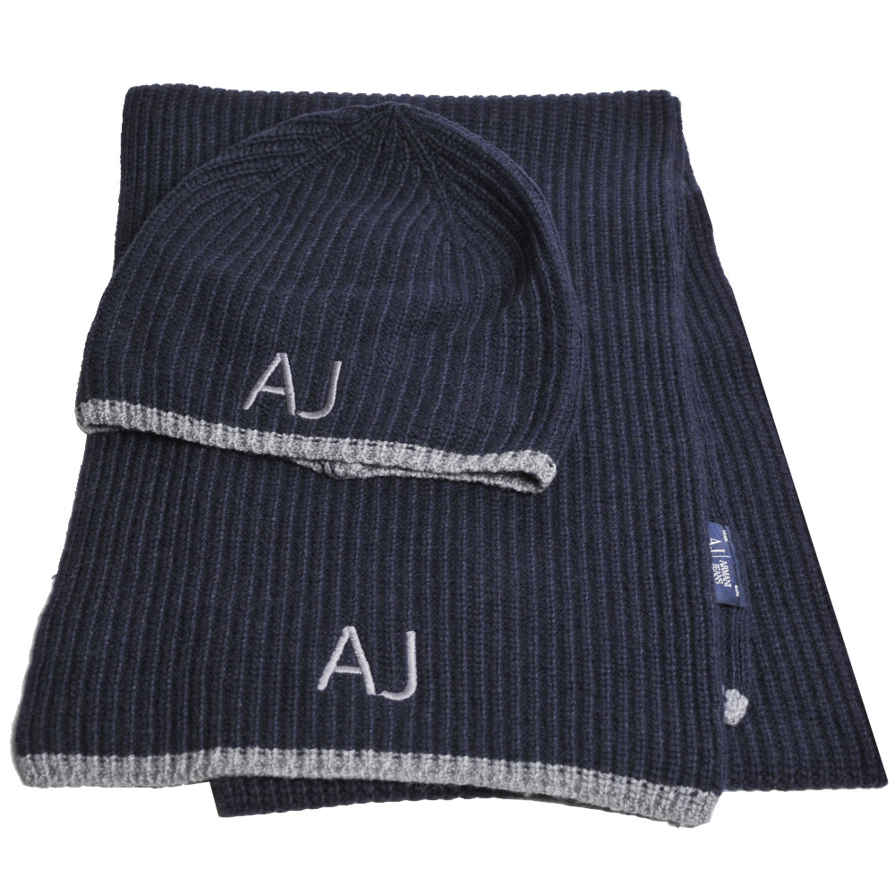 ARMANI JEANS 義大利製AJ字母品牌LOGO喀什米爾混羊毛造型毛帽圍巾組(深藍)