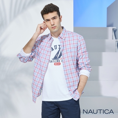 Nautica 男裝 經典撞色格紋長袖襯衫-紅藍格