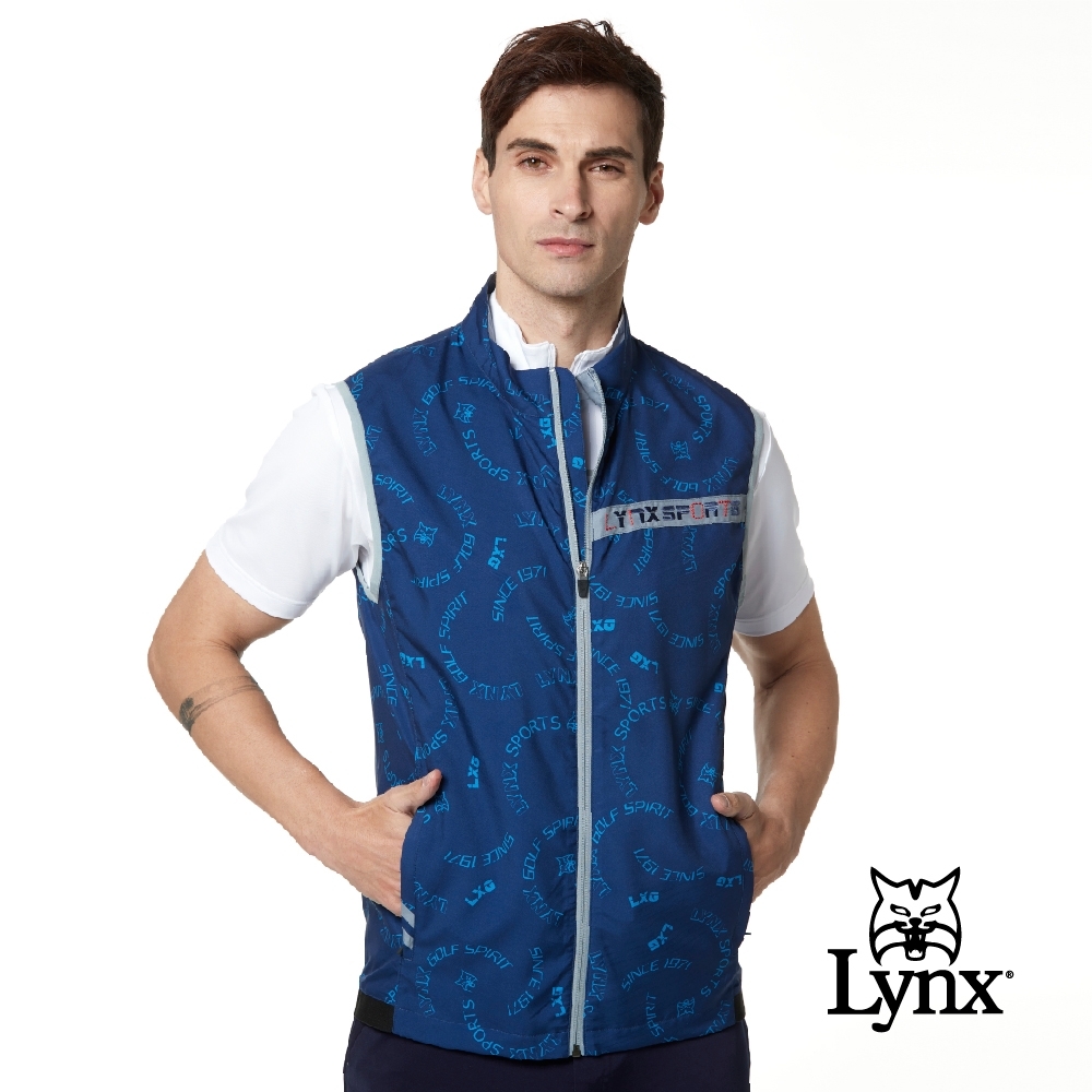 【Lynx Golf】男款滿版Lynx LXG印花造型配布拉鍊口袋無袖背心-藍色