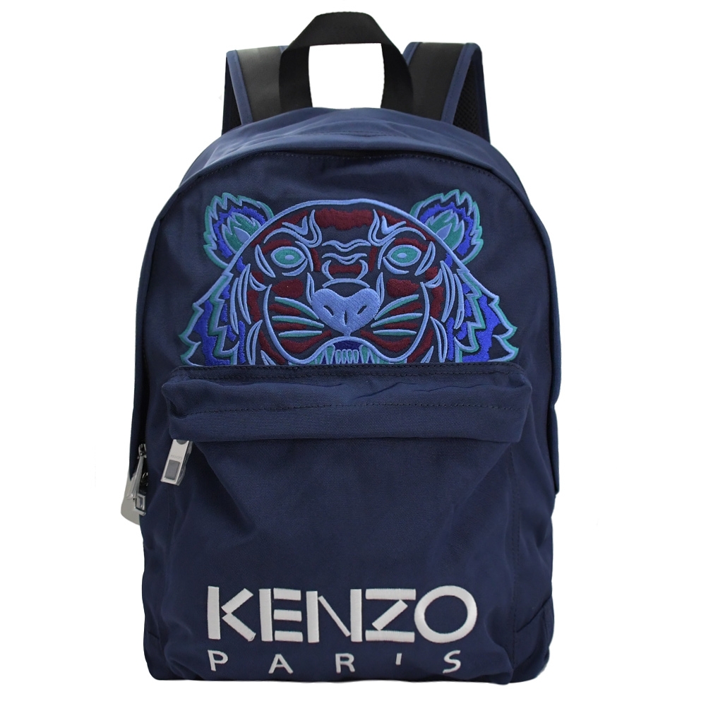 KENZO 電繡老虎圖案LOGO帆布拉鍊後背包(深藍 大)