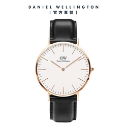 Daniel Wellington DW 手錶 Classic Sheffield 40mm爵士黑真皮皮革錶-白錶盤-玫瑰金框 DW00100007