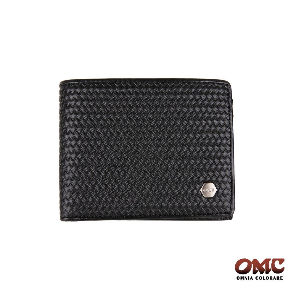【OMC】編織紋牛皮9卡中翻透明窗零錢皮夾 短夾錢包男夾 OMC23802-1