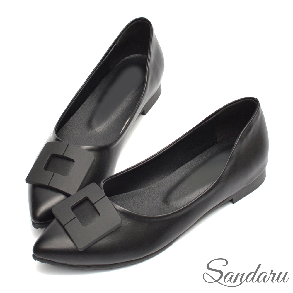 山打努SANDARU-尖頭鞋 美型方扣素面平底鞋-黑