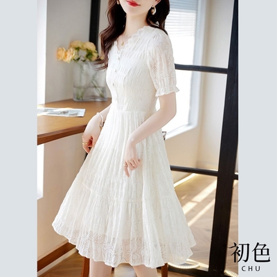 初色 V領蕾絲顯瘦中長裙連衣裙短袖連身洋裝長洋裝-米白色-34580(M-XL可選)