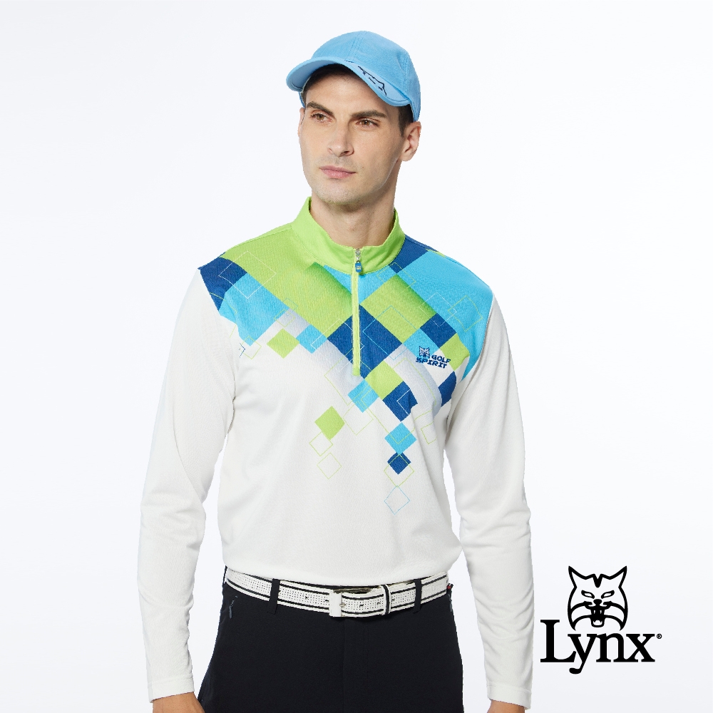 【Lynx Golf】男款吸濕排汗網眼材質漸層格紋設計山貓繡花長袖立領POLO衫-綠色