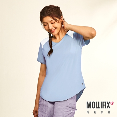 Mollifix 瑪莉菲絲 撞色拼接短袖訓練上衣、瑜珈服 (冰藍)