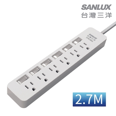 SANLUX台灣三洋轉接延長電源線 3孔6座6切插座2.7M(SYPW-366BA)