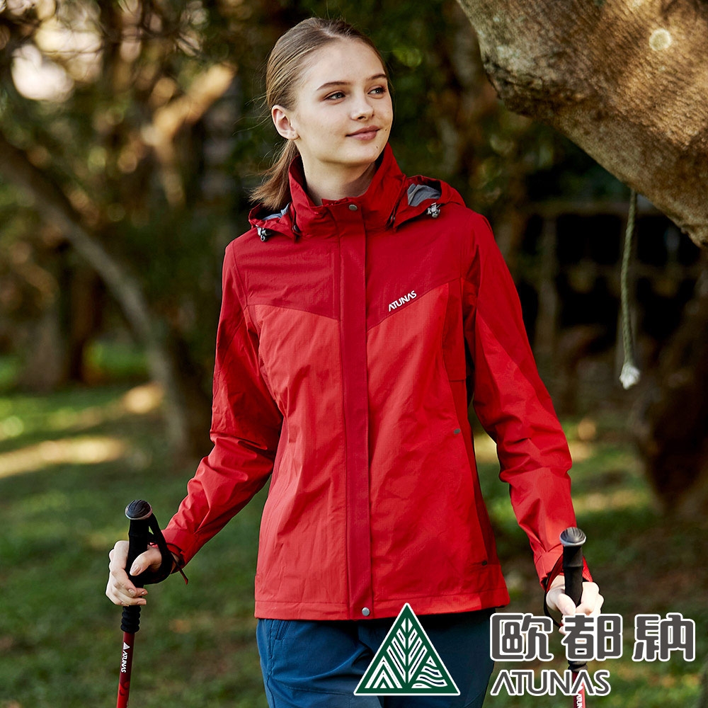 【ATUNAS 歐都納】女款綠森林防水透氣休閒外套A1GACC02W紅深紅/輕量/耐磨/防風/連帽風衣/大尺碼